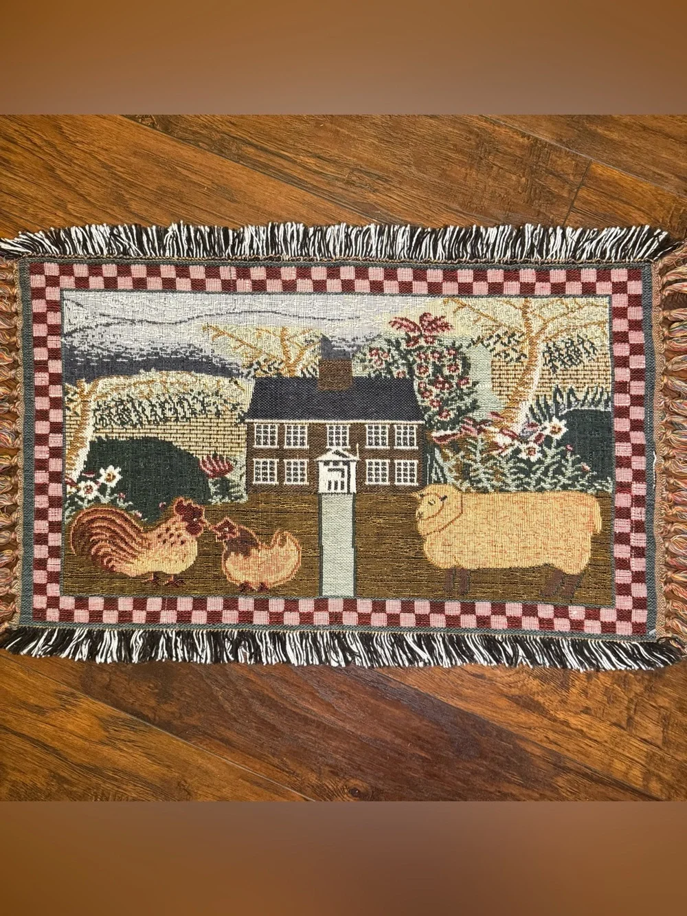 Cottagecore Farmhouse Rug Woven Folk Art Sheep Chicken Rustic Heritage Grandma
